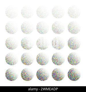 Round shaped dotted objects, vintage stipple elements. Fading gradient. Stippling, dotwork drawing, shading using dots. Colored disintegration effect Stock Vector