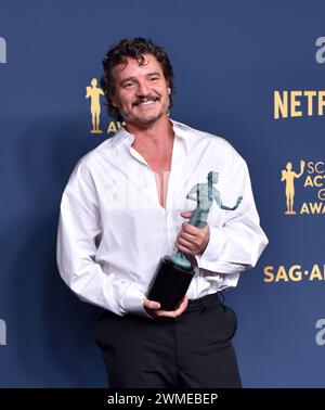 Los Angeles, United States. 24th Feb, 2024. Pedro Pascal appears backstage after winning the award for Outstanding Performance by a Male Actor in a Drama Series award for 'The Last of Us' during the 30th annual SAG Awards at the Shrine Auditorium and Expo Hall in Los Angeles, California on Saturday, February 24, 2024. Photo by Chris Chew/UPI Credit: UPI/Alamy Live News Stock Photo