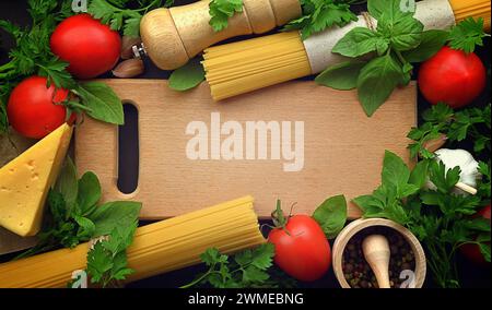 Italian healthy food table, spaghetti ,vegetables, garlic, parsley, cilantro, basil, dill, tomatoes on black wooden desk. fresh gourmet cuisine dinner Stock Photo