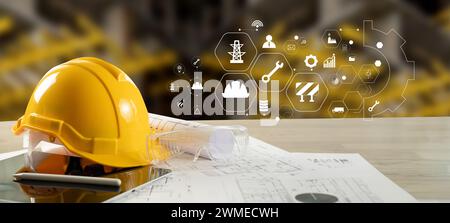 Engineer architect industry 4.0 using tablet construction site, industrial and innovation infographic at building futuristic architect control innovat Stock Photo