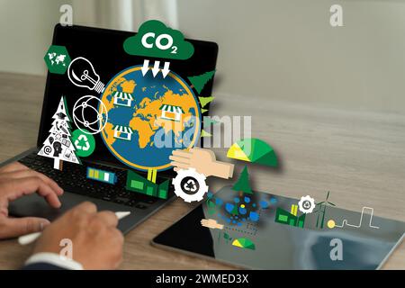 Reduce CO2 emissions and carbon  Businessman working virtual modern computer to reduce CO2 Stock Photo