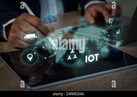 Internet of Things (IOT) Smart Businessman touching virtual screen Internet business Stock Photo