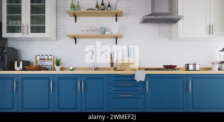Minimal modern kitchen design in white and dark blue.3d rendering Stock Photo