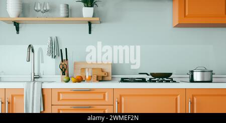 Modern kitchen design combining orange and blue.3d rendering Stock Photo