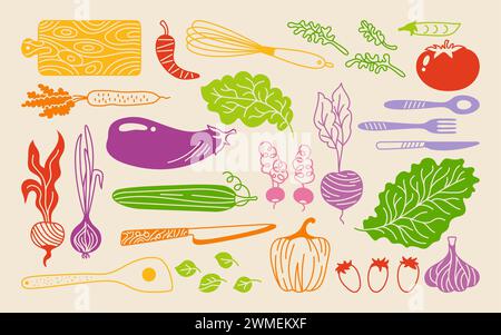Vegetables and kitchen utensils cartoon colorful set. Vegetable carrot, cucumber, lettuce pepper or onion garlic etc. Hand drawn healthy diet farm product. Silhouette vegetarian childish menu vector Stock Vector
