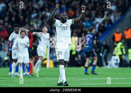 Madrid, Spain. 25th Feb, 2024. Real Madrid's Antonio Rudiger celebrates during the Spanish league (La Liga) football match between Real Madrid and Sevilla F.C. at Santiago Bernabeu stadium in Madrid, Spain, on Feb. 25, 2024. Credit: Gustavo Valiente/Xinhua/Alamy Live News Stock Photo