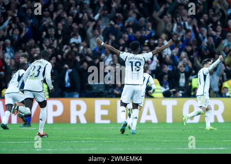 Madrid, Spain. 25th Feb, 2024. Real Madrid's players celebrate a scored goal during the Spanish league (La Liga) football match between Real Madrid and Sevilla F.C. at Santiago Bernabeu stadium in Madrid, Spain, on Feb. 25, 2024. Credit: Gustavo Valiente/Xinhua/Alamy Live News Stock Photo