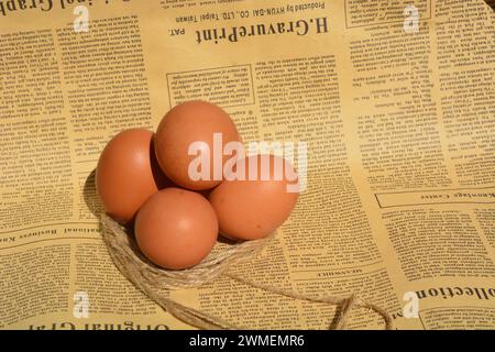 May 25, 2023, Photo of 3 chicken eggs arranged with copyspace for template, Wonosobo, Indonesia Stock Photo
