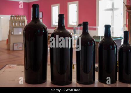 Different sizes of unlabled bottles of red Bordeaux wine in tasting room, wine domain in Haut Medoc, wine tour and degustations, France Stock Photo