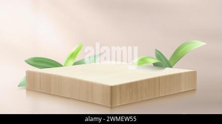3D wooden platform with green leaves on beige background. Vector realistic illustration of square stage for organic cosmetics presentation, natural be Stock Vector
