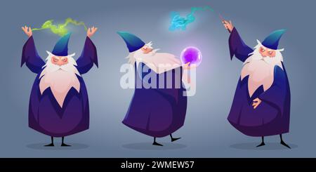 Old wizard character working magic isolated on background. Vector cartoon illustration of senior man with long gray beard, wearing cloak, wand and for Stock Vector