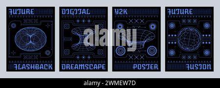 Poster and banner design template set in retro y2k aesthetic style with wireframe tunnel and sphere geometric shape on black background. Vector cyberp Stock Vector