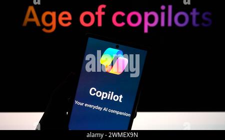 Dallas TX, USA - February 24, 2024: Copilot android application and subscription on cellphone. Microsoft Copilot is a chatbot developed by Microsoft. Stock Photo