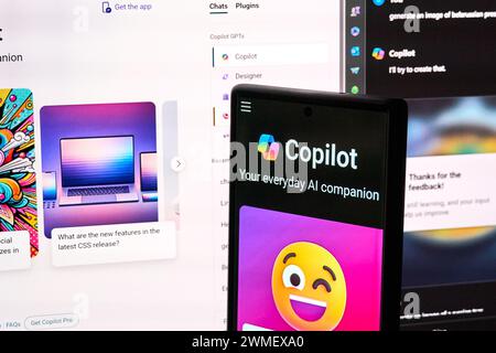 Dallas TX, USA - February 24, 2024: Copilot android application and subscription on cellphone. Microsoft Copilot is a chatbot developed by Microsoft. Stock Photo