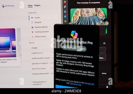 Dallas TX, USA - February 24, 2024: Copilot android application and subscription on a cellphone. Microsoft Copilot is a chatbot developed by Microsoft Stock Photo
