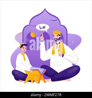 A Muslim child learns the Quran with his teacher illustration Stock Vector