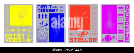Space exploration poster design template in trendy y2k style with 3d mesh grid elements of outer cosmos rockets, satellites and spaceships on bright acid neon colors background. Banner layout set. Stock Vector