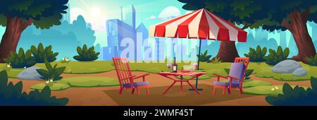 Picnic in city park. Vector cartoon illustration of wooden table and chaise lounges under parasol, wine and salad served for dinner in public garden, urban buildings on horizon, sun shining in sky Stock Vector