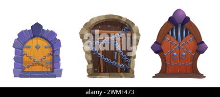 Medieval castle or dungeon wooden door closed with metallic chain. Cartoon vector illustration set of ancient wood locked gates in form of arch with stone brick doorway, iron handles and grating. Stock Vector