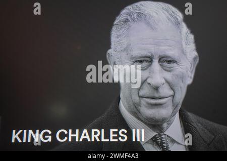 King Charles III portrait displayed on a digital screen Stock Photo