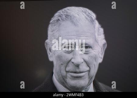 King Charles III portrait displayed on a digital screen Stock Photo