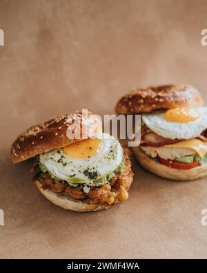Two halved bagel breakfast sandwiches with eggs, cheese, and spinach on a wooden table Stock Photo