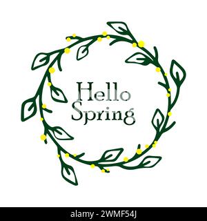 Hello spring in round floral frame on white background for spring designs with yellow flowers.  Stock Vector