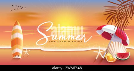 Summer beach sunset vector banner. Summer text in sunset seascape background with surfboard, umbrella and shell elements for travel season. Vector Stock Vector