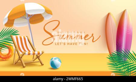 Summer greeting vector banner design. Summer greeting text in yellow space with umbrella, chair, surfboard and floaters beach elements for tropical Stock Vector