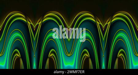 glowing green and yellow neon light pattern and symmetric design on a black background Stock Photo