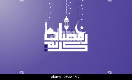 Ramadan Kareem Arabic calligraphy greeting card moon, star, mosque with lantern for Muslim Stock Vector