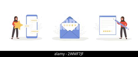 Set of customer review concept. Arab women giving five stars rating. Dialog window in application with feedback. Female character leaving comment or Stock Vector