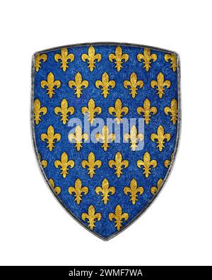 Heraldic lilies of France on a shield isolated on white background Stock Photo