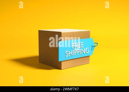Cardboard cargo box with free shipping label on yellow background. Free delivery, shipping and transportation concept. 3d render. Stock Photo