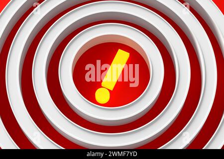 Risk, warning, danger, problem and important notice concepts. Illuminated exclamation mark at the center of a target on red background. 3D render. Stock Photo