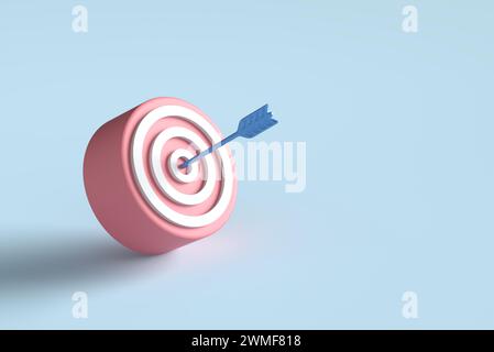 Target goal achievement, business success, goal setting and strategic planning. Arrow hits the center of target on blue background. 3D render. Stock Photo