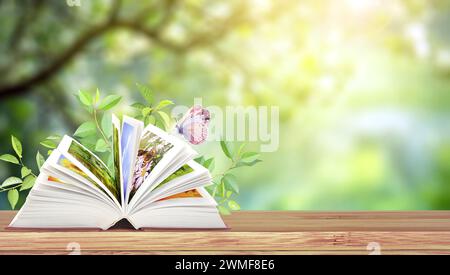 Book of nature. Horizontal banner with book open and butterfly on wood table. Knowledge, education, ecology, go green and zero waste concept. Environm Stock Photo