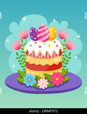 Easter cake decorated with painted eggs and flowers. Christian symbol of the spring holiday of Easter. Greeting card, poster, holiday background. Vect Stock Vector