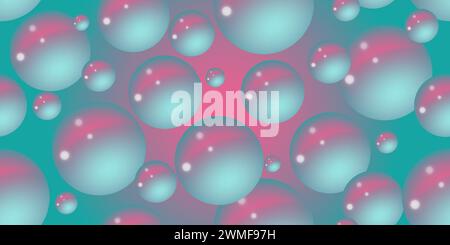Bubbles on a pink turquoise background. Abstract bubble neon background. 3d texture of liquid with blobs in y2k style. Seamless pattern. Vector illust Stock Vector