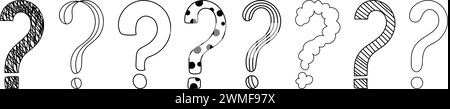 Doodle question mark hand drawn sketch vector illustration set isolated on white background. Collection of various question marks asking or doubt punc Stock Vector