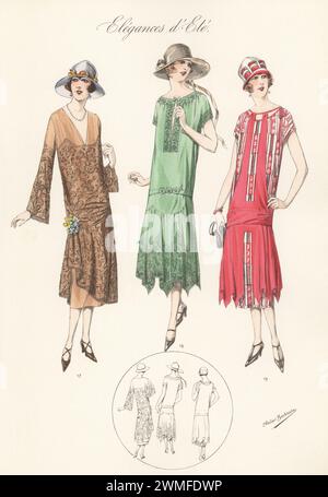 Three flappers in straw hats and tunic dresses. Brown crepaftas dress with lace tunic 17, green Georgette frock with lace borders 18, and dress of plain and striped silk crepe 19. Handcoloured lithograph by Atelier Bachwitz from Modell-Kleider fur den Hochsommer, Elegances d’Ete, Fashions for the Hot Season, Atelier Bachwitz AG, Vienna, 1925. Stock Photo