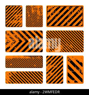 Orange grunge warning signs with diagonal lines. Old attention, danger or caution sign, construction site signage. Realistic notice signboard, warning Stock Vector