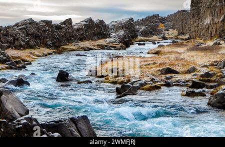 Picturesque view of fast flowing river surrounded with rock formations and dry grass landscape in countryside. The Golden Circle, Iceland Stock Photo