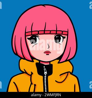 Modern anime girl with pink hair and big eyed isolated on blue background. Cartoon cute characters. Bold colors. Vector illustration. Stock Vector