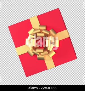 3d red gift box with gold ribbon and bow isolated on png background, 3D render. Stock Photo
