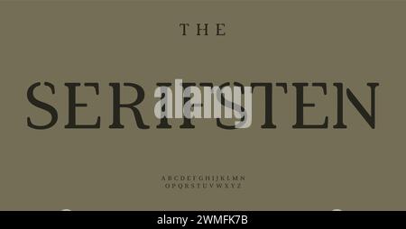 Serif stencil alphabet, military serif letters, classic elegance font for army games, shirts lettering print, branding, headline, upscale publishing Stock Vector
