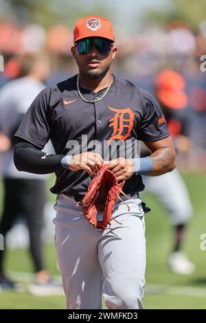 Port Charlotte, FL: Detroit Tigers second baseman Andy Ibanez (77) heads to the dugout prior to an MLB spring training game against the Tampa Bay Rays Stock Photo