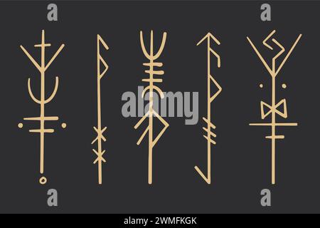 Nordic Rune Two Arrows Set golden nordic celtic runes borders, norse protection symbols line ...