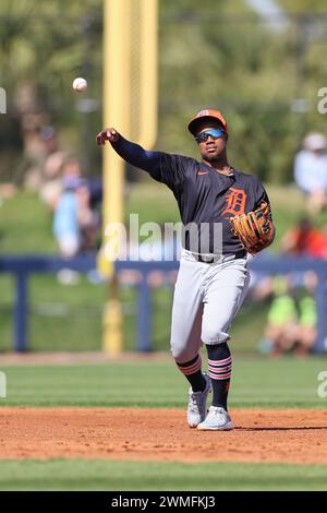 Port Charlotte, FL: Detroit Tigers shortstop Eddys Leonard (51) fields and throws to first during an MLB spring training game against the Tampa Bay Ra Stock Photo