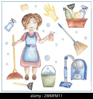 Watercolor housekeeper clipart, hand drawn illustration. Housekeeper working, kids school card clip art, educational, cute children graphics with prof Stock Photo